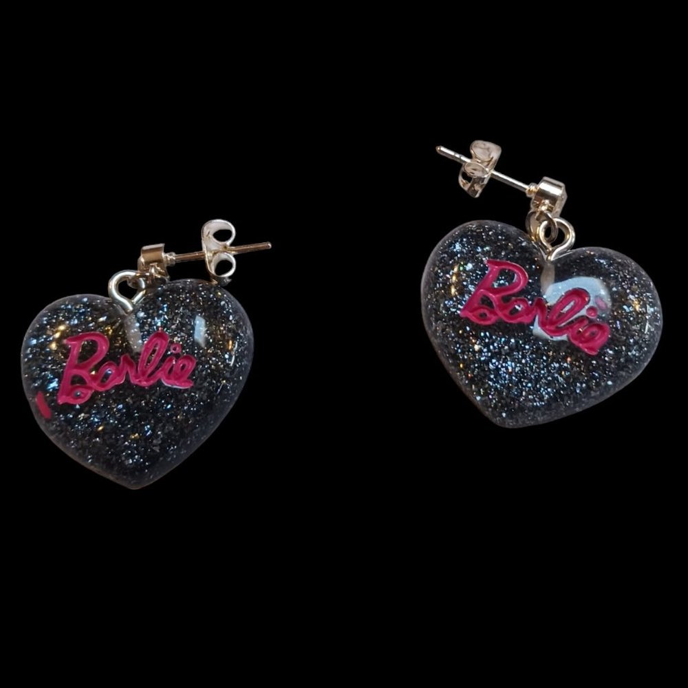 Barbie Black glitter Puffy Heart Earrings